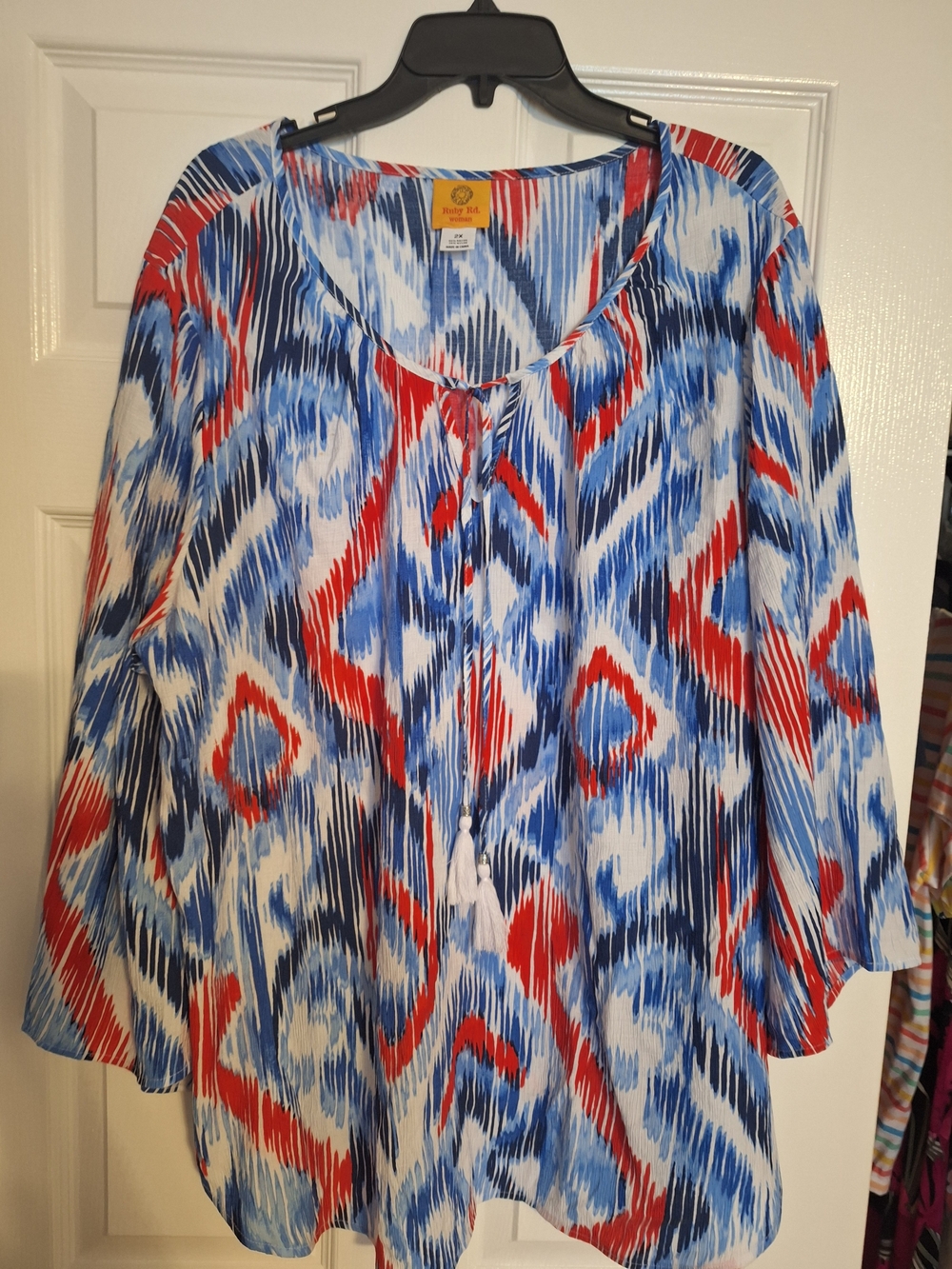Ruby Rd. Blue, Red & White Printed Tunic with Tassel Tie